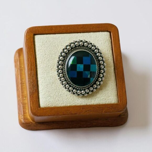 Southwest Aurora Opal & Onyx Checkerboard Sterling Silver Boho Adjustable Ring - Picture 1 of 10